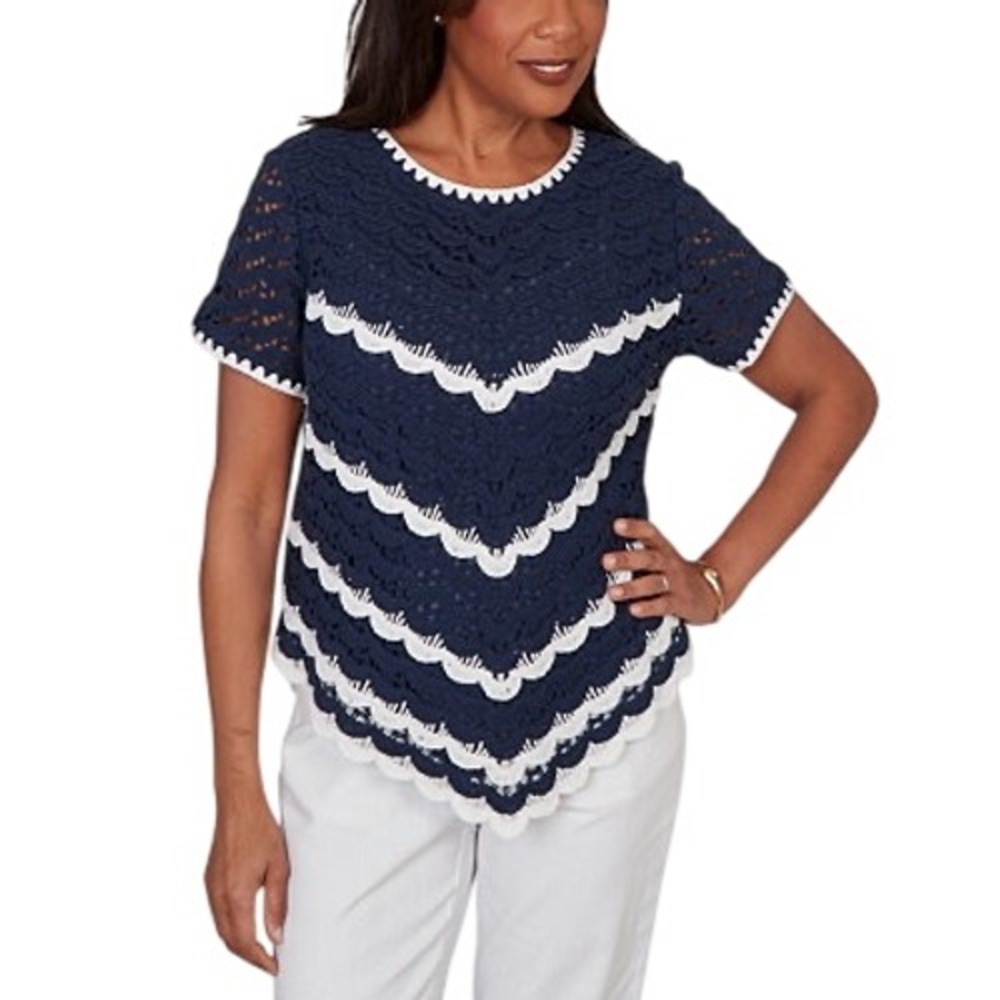 Alfred Dunner XL Crochet Top Navy White Chevron Scalloped Nautical Tunic 781 - Picture 1 of 11